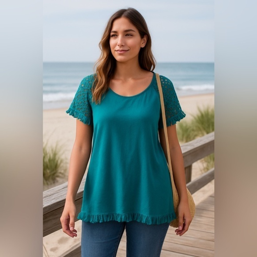 Umgee Teal Linen Blend Tunic Top Crochet Lace Sleeves Fringe Hem EUC M #1197